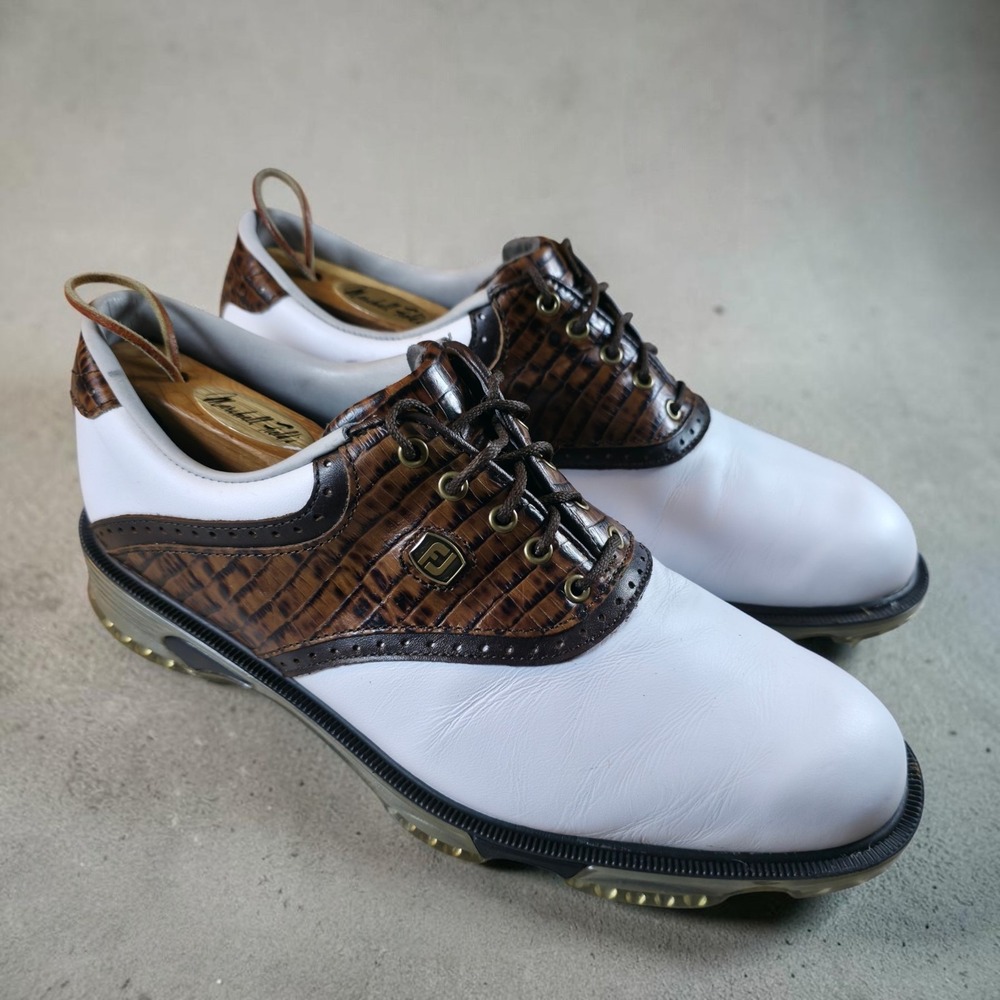 FootJoy DryJoys Tour Golf Shoes Mens Size 8.5 M White Brown Leather Cleats 53612
